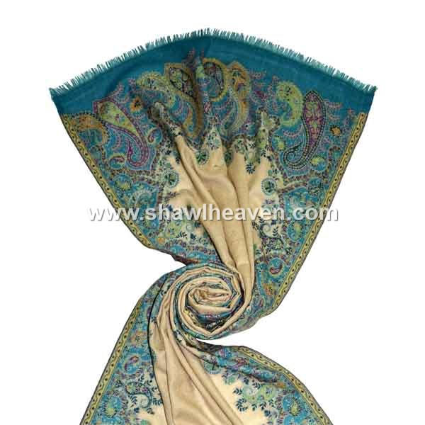 Teal blue decorated paisley border kani wool shawl